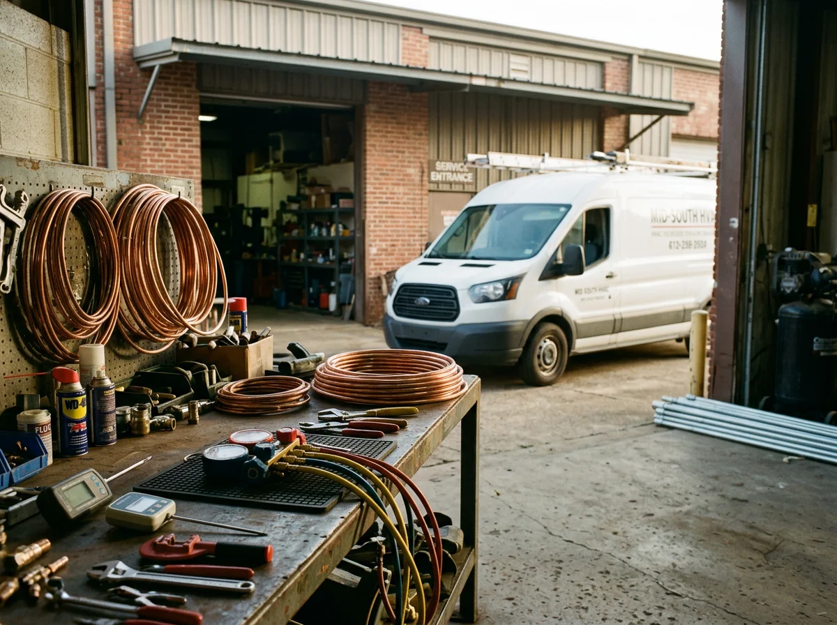 Professional HVAC and plumbing tools and equipment ready for service calls across the Mid-South.