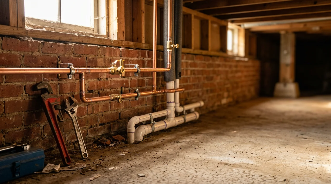 Plumber working on residential plumbing pipes