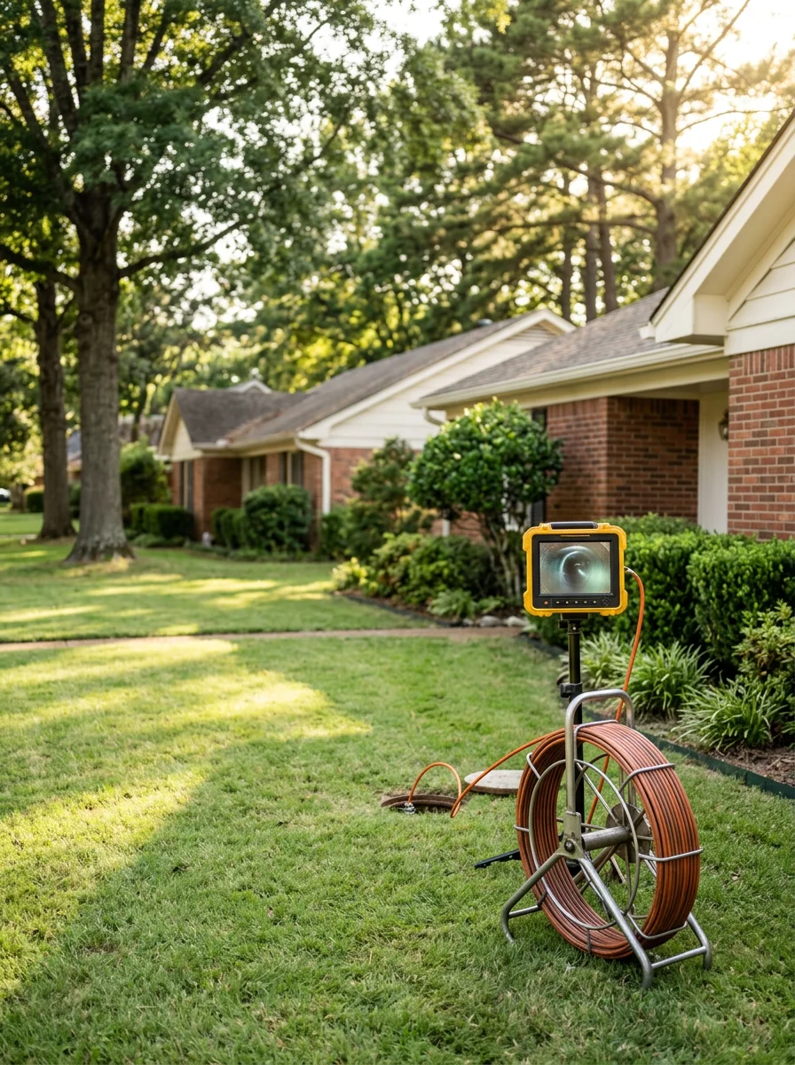 A plumber inspecting a sewer lateral with a camera scope in the front yard of a 1980s ranch-style home in Bartlett, TN, with a large lot and established landscaping in the background.