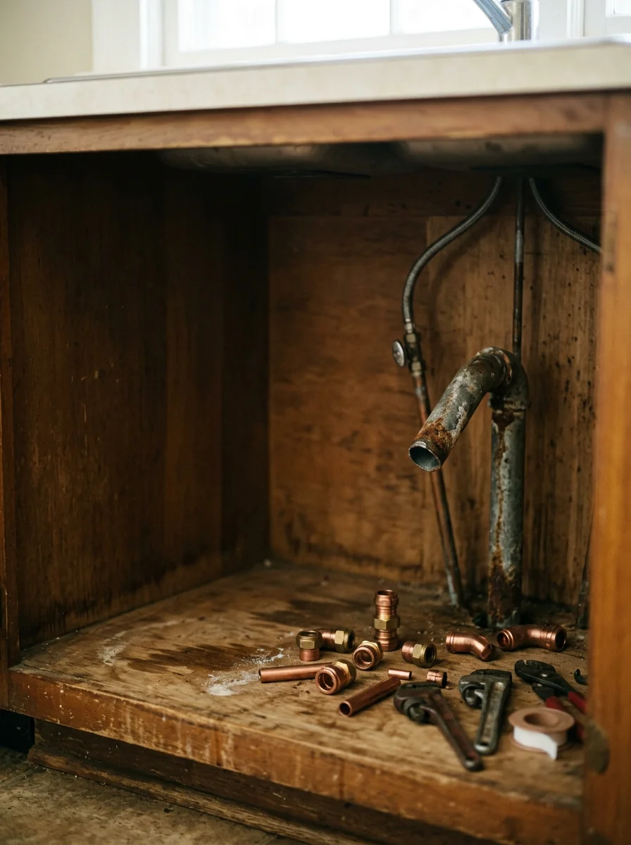 A plumber replacing a corroded galvanized supply line under a kitchen sink in an older Collierville home near the Historic Town Square area, with exposed pipe and new copper fittings visible.