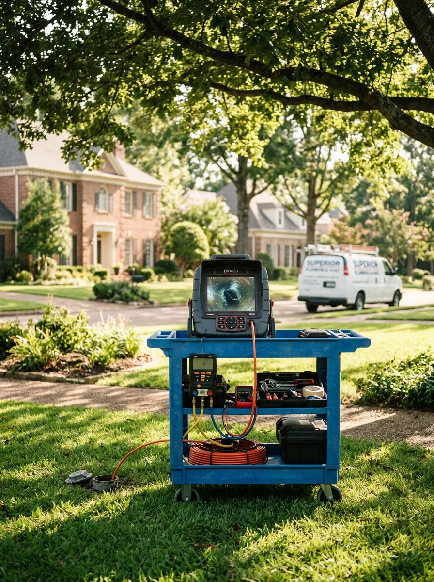 A plumber reviewing a sewer camera inspection monitor in the front yard of a Germantown home, with a mature tree canopy overhead and a large residential lot stretching toward the street.