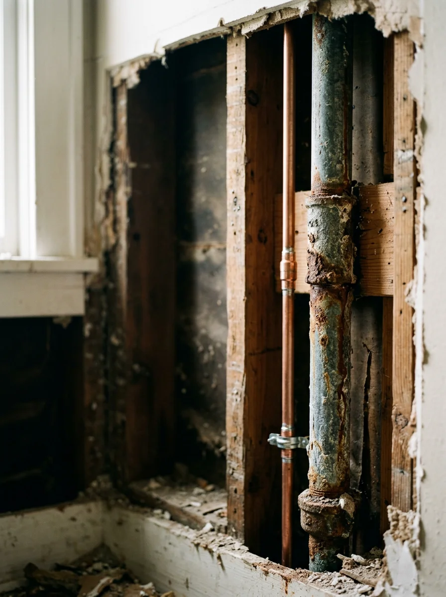 Close-up of a corroded galvanized plumbing pipe being replaced inside a Memphis home, with exposed wall framing and copper replacement pipe visible.