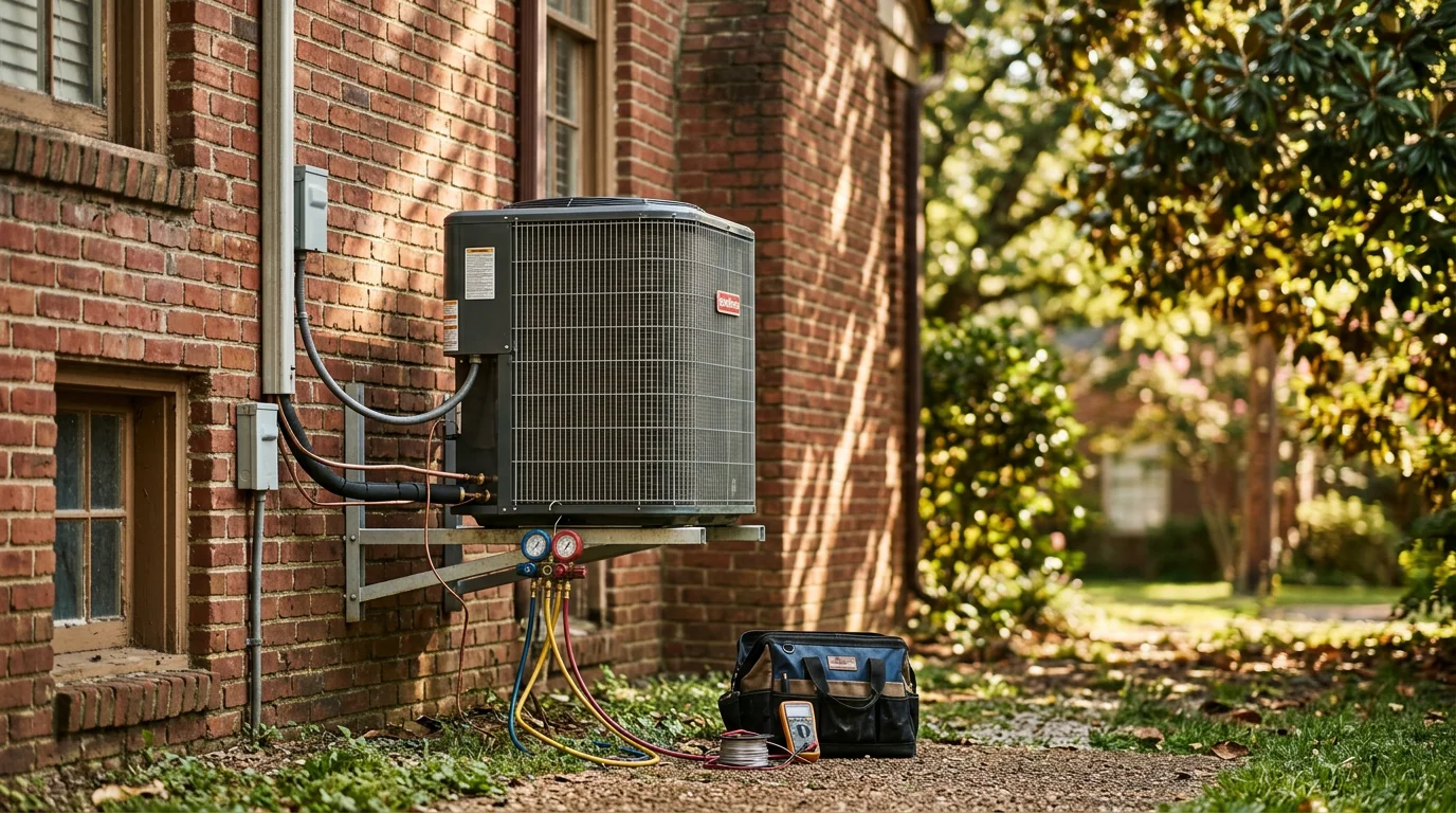 A technician servicing a residential central air conditioning unit on the side of a Memphis home during summer, with mature trees and a brick mid-century house visible in the background.
